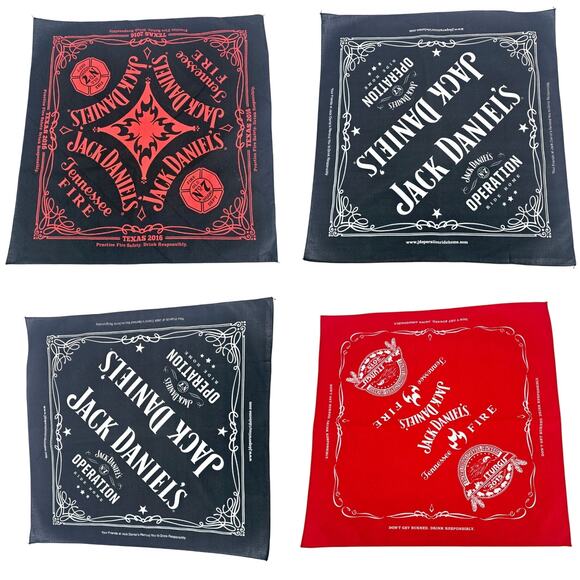 Lot of 4 Jack Daniels Wiskey Scroll Logo Bandanas Black and Red NEW Biker Core - Picture 1 of 7
